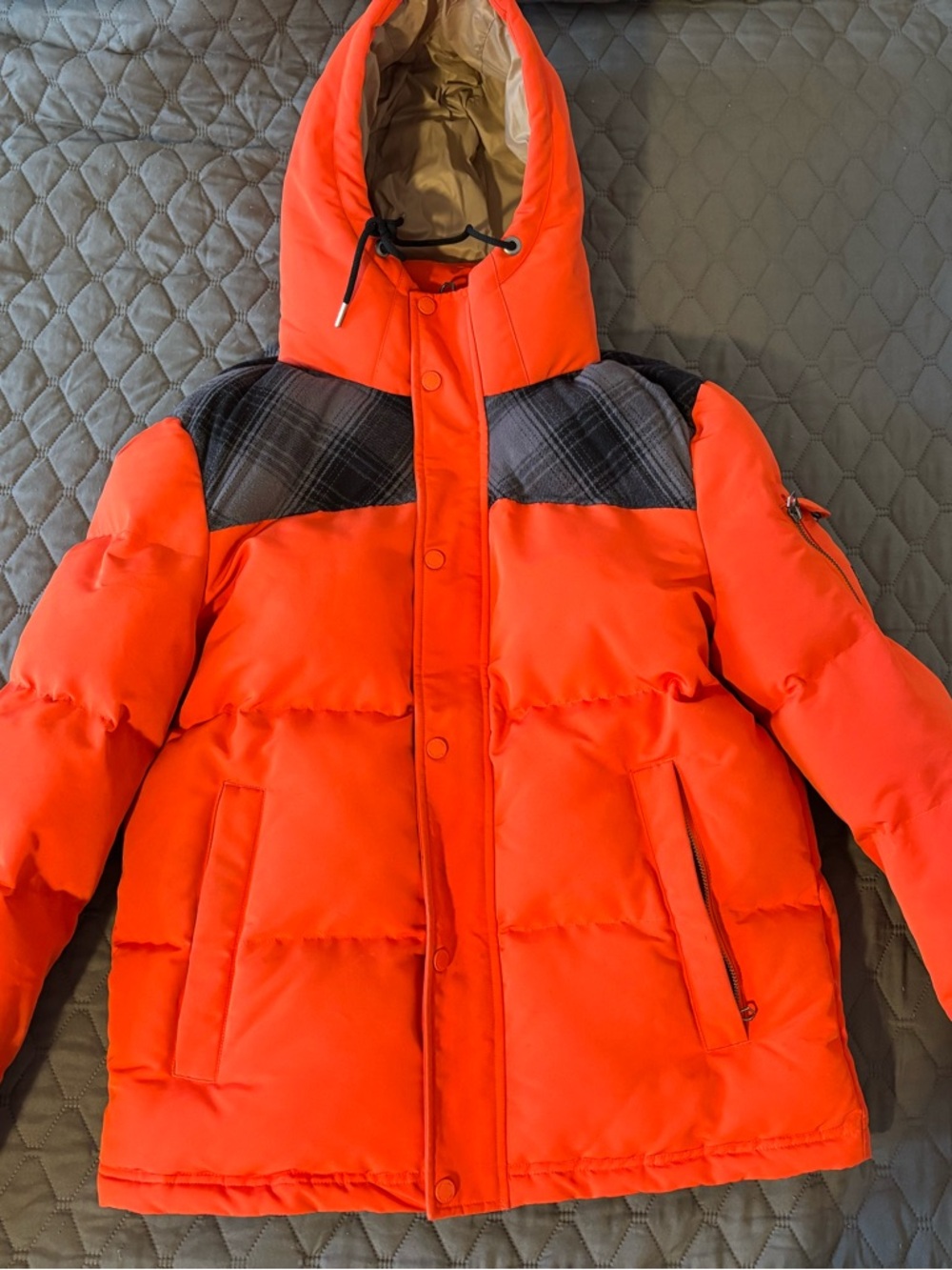 Superdry Orange Puffer Jacket with Black Plaid Shoulder Accents